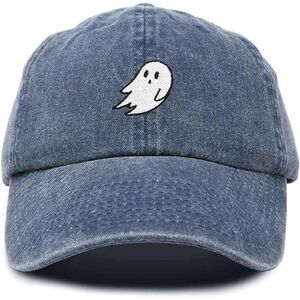 Unisex Navy Blue Vintage 100% Cotton Ghost Embroidered Adjustable Baseball Cap